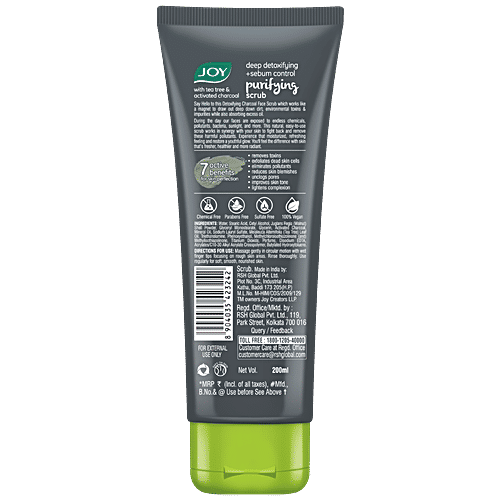 Joy Deep Detoxifying + Sebum Control Purifying Scrub - Tea Tree & Activated Charcoal, Exfoliates for Purified Healthy Skin, No Plastic Micro Bleads, 200 ml  No Plastic Micro Bleads