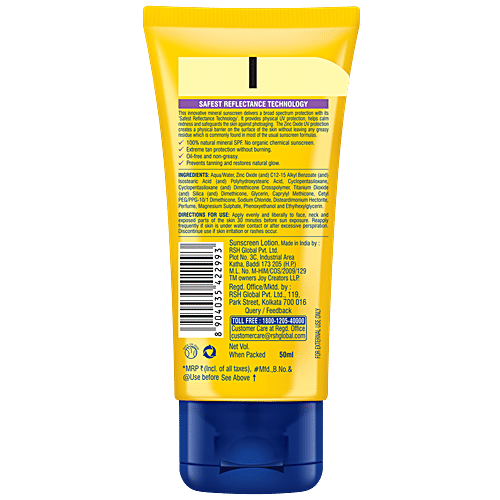 Joy Revivify Hello Sun Mineral Sunscreen - SPF 50 PA++++, with Clear Zinc Oxide, No Chemical Sunscreen, 50 ml No Chemical Sunscreen