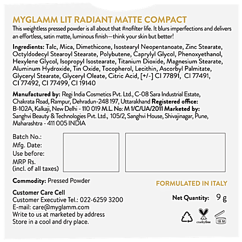 MyGlamm Lit Radiant Matte Compact Powder - Snatched, 9 g  