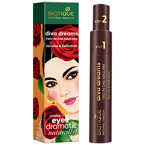 Biotique Natural Makeup Diva Dreams Two In One Mascara - Volume & Definition, Onyx, 9 ml  