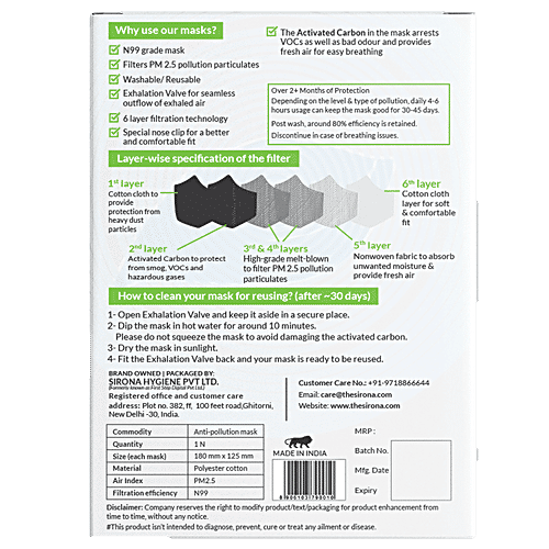 Bodyguard Reusable N99+PM2.5 6 Layer Anti Pollution Face Mask - Medium| Nose Clip for Better Fit| Exhalation Valve for Easy Breathing (Pack of 2), 2 pcs Reusable