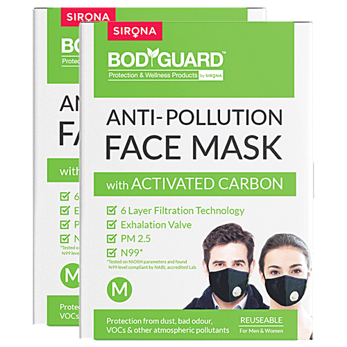 Bodyguard Reusable N99+PM2.5 6 Layer Anti Pollution Face Mask - Medium| Nose Clip for Better Fit| Exhalation Valve for Easy Breathing (Pack of 2), 2 pcs Reusable