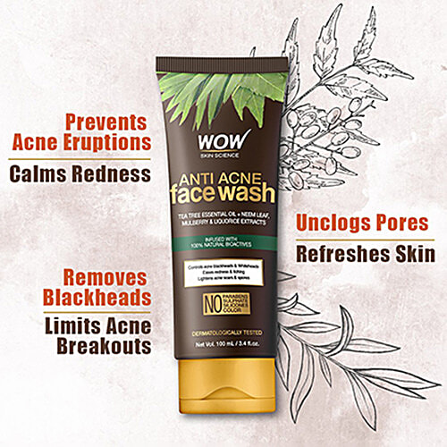 Wow Skin Science Anti-Acne Face Wash - Tea Tree Essential Oil+Neem Leaf Extract, Controls Acne, Blackheads, Redness & Itching, No Parabens & Sulphate, 100 ml Tube No Parabens & Sulphate
