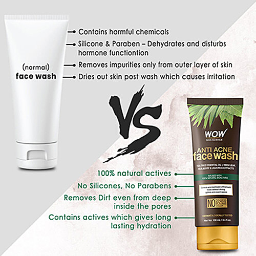 Wow Skin Science Anti-Acne Face Wash - Tea Tree Essential Oil+Neem Leaf Extract, Controls Acne, Blackheads, Redness & Itching, No Parabens & Sulphate, 100 ml Tube No Parabens & Sulphate
