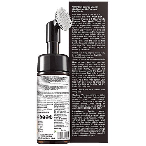 Wow Skin Science Brightening Vitamin C Foaming Face Wash - Built-In Face Brush for Deep Cleansing, No Parabens & Sulphate, 150 ml  No Parabens & Sulphate