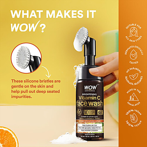 Wow Skin Science Brightening Vitamin C Foaming Face Wash - Built-In Face Brush for Deep Cleansing, No Parabens & Sulphate, 150 ml  No Parabens & Sulphate