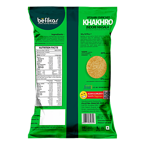 Befikar Vitamin Enriched Khakhro - Indori Masala, 40 g Pouch 0% Cholesterol, Vital Vitamins