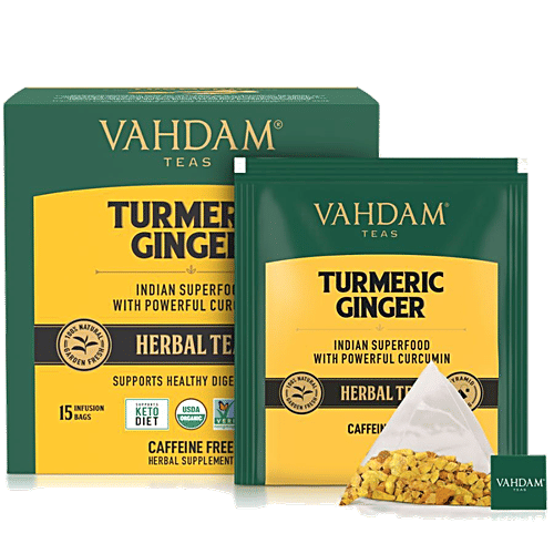 Vahdam Organic Turmeric Ginger Herbal Tea Bags - Unique Flavour, 30 g (15 Pyramid Bags x 2 g each) 