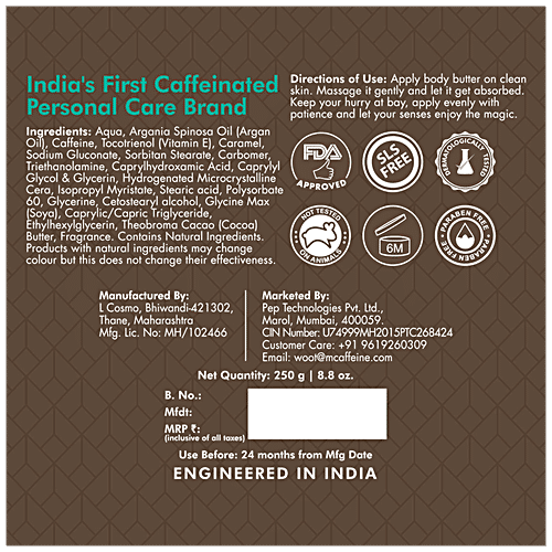 mCaffeine Choco Body Butter - 72 Hrs Intense Non-Sticky Moisture, Reduces Stretch Marks, Heals Dry Skin, 250 g  