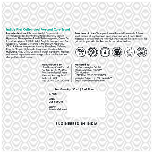 mCaffeine Vitamin C Green Tea Night Gel - With Hyaluronic Acid, 72 Hrs Hydrating, 50 ml