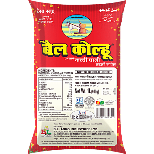 Bail Kolhu Kachi Ghani Mustard Oil, 1 L Pouch 