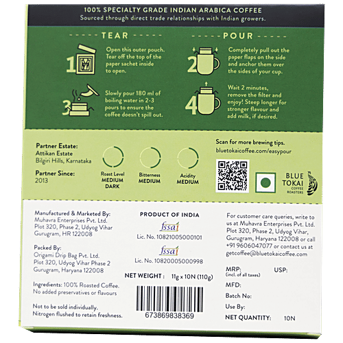 Blue Tokai Easy Pour Coffee Brew Bags Attikan Estate Medium-Dark Roast, 110 g (10 Sachets x 11 g each) 