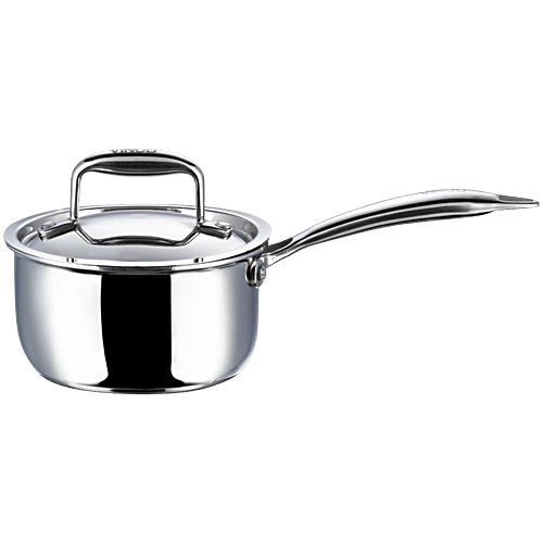 Vinod Vinod Aluminium Saucepan - 3 Layer Coating, Induction Base, Dishwasher Safe, 16 cm, With Lid, Stainless Steel Handle, Platinum, 1.6 L Food Grade