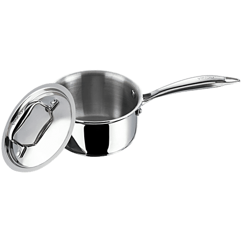Vinod Vinod Aluminium Saucepan - 3 Layer Coating, Induction Base, Dishwasher Safe, 16 cm, With Lid, Stainless Steel Handle, Platinum, 1.6 L Food Grade