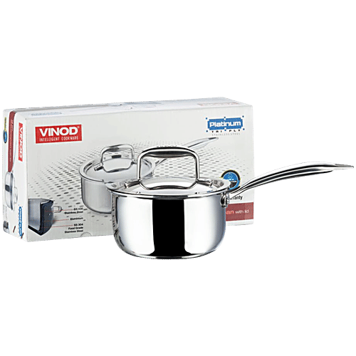Vinod Vinod Aluminium Saucepan - 3 Layer Coating, Induction Base, Dishwasher Safe, 16 cm, With Lid, Stainless Steel Handle, Platinum, 1.6 L Food Grade