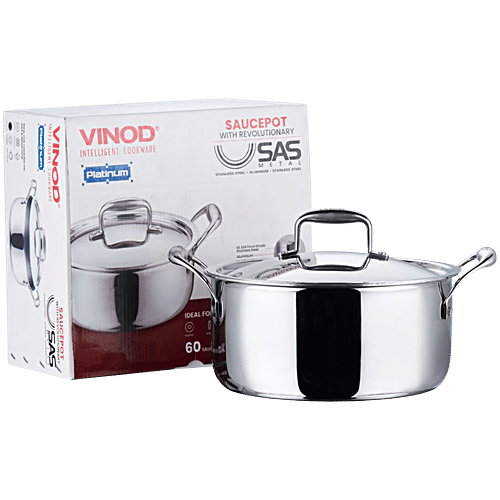 Vinod Platinum Triply Stainless-Steel Saucepot/Casserole - Induction Base, With Lid, 24 cm, 5 L