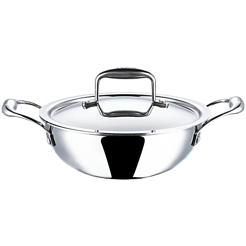 Vinod Platinum Triply Stainless Steel Kadai - 3 Layer, Induction & Gas Friendly, With Steel Lid, 21 cm, 1.8 L  Dishwasher Safe