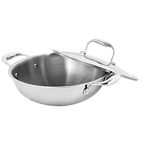 Vinod Platinum Triply Stainless Steel Induction Base Extra Deep Kadhai With Lid - 22 cm, 2.4 L  