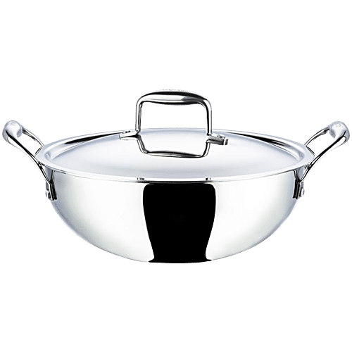 Vinod Platinum Stainless Steel Kadai - 3 Layer, Induction Bottom, 27.5 cm, With Lid & Handle, 3.7 L Dishwasher Safe