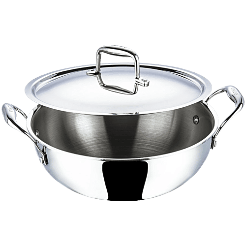 Vinod Platinum Stainless Steel Kadai - 3 Layer, Induction Bottom, 27.5 cm, With Lid & Handle, 3.7 L Dishwasher Safe