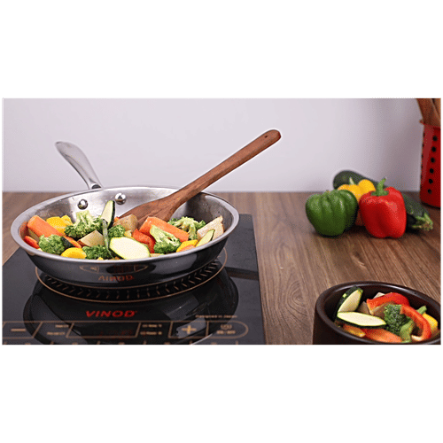 Vinod Stainless Steel Fry Pan - 3 Layer, Induction Base, Dishwasher Safe, 27 cm, With Handle, Platinum, 1 pc Dishwasher Safe