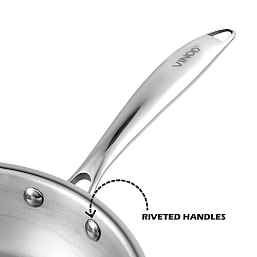 Vinod Stainless Steel Fry Pan - 3 Layer, Induction Base, Dishwasher Safe, 27 cm, With Handle, Platinum, 1 pc Dishwasher Safe