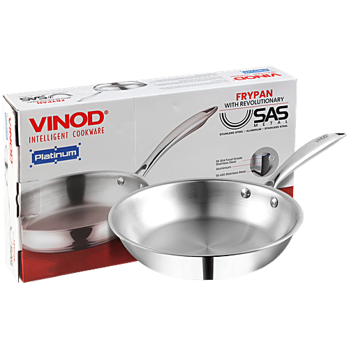 Vinod Stainless Steel Fry Pan - 3 Layer, Induction Base, Dishwasher Safe, 27 cm, With Handle, Platinum, 1 pc Dishwasher Safe