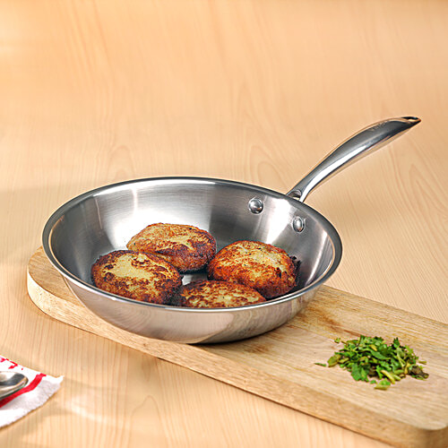 Vinod Stainless Steel Fry Pan - 3 Layer, Induction Base, Dishwasher Safe, 27 cm, With Handle, Platinum, 1 pc Dishwasher Safe