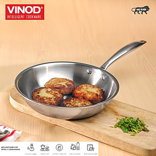 Vinod Stainless Steel Fry Pan - 3 Layer, Induction Base, Dishwasher Safe, 27 cm, With Handle, Platinum, 1 pc Dishwasher Safe