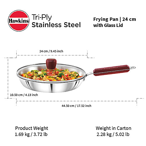 Hawkins Tri-Ply Stainless Steel Frying Pan With Glass Lid - 3 Layer, Induction Base, 24 cm, 3 mm, SSF24G, 1 L  