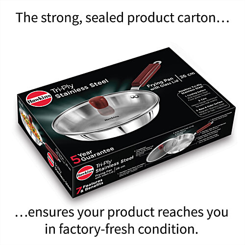 Hawkins Tri-Ply Stainless Steel Frying Pan With Glass Lid - 3 Layer, Induction Base, 24 cm, 3 mm, SSF24G, 1 L  