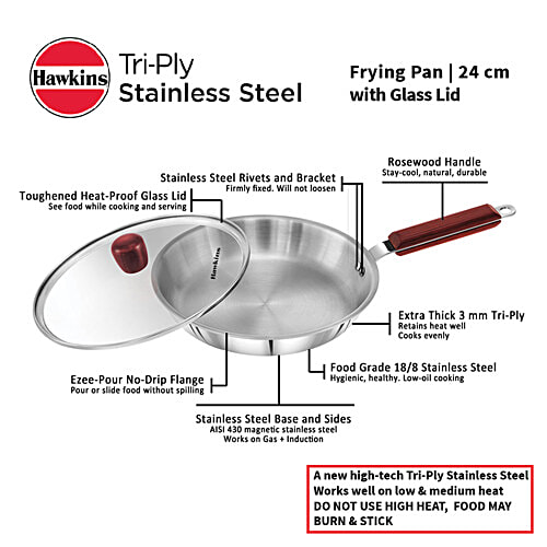 Hawkins Tri-Ply Stainless Steel Frying Pan With Glass Lid - 3 Layer, Induction Base, 24 cm, 3 mm, SSF24G, 1 L  