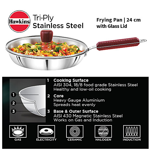 Hawkins Tri-Ply Stainless Steel Frying Pan With Glass Lid - 3 Layer, Induction Base, 24 cm, 3 mm, SSF24G, 1 L  