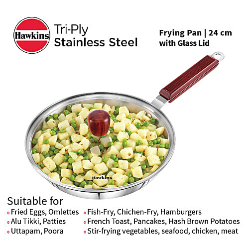 Hawkins Tri-Ply Stainless Steel Frying Pan With Glass Lid - 3 Layer, Induction Base, 24 cm, 3 mm, SSF24G, 1 L  