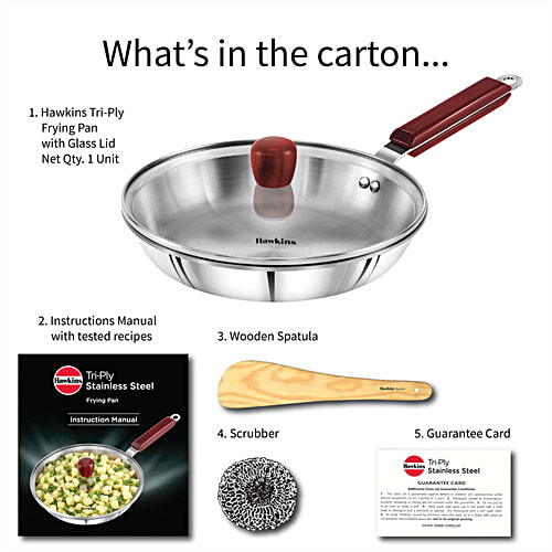 Hawkins Tri-Ply Stainless Steel Frying Pan With Glass Lid - 3 Layer, Induction Base, 24 cm, 3 mm, SSF24G, 1 L  