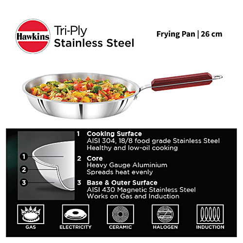 Hawkins Tri-Ply Stainless Steel Frying Pan - 3 Layer, Induction Base, 26 cm, 3 mm, SSF26, 1 L