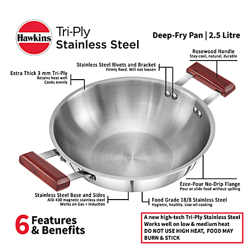 Hawkins Tri-Ply Stainless Steel Deep Fry Pan/Kadai - 3 Layer, Induction Base, 26 cm, 3 mm, SSD25, 2.5 l