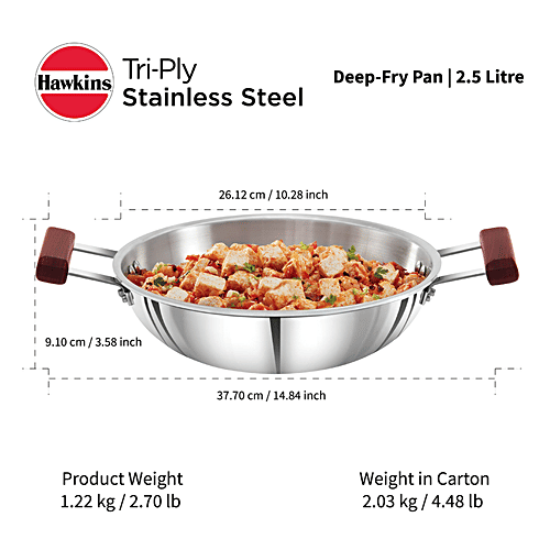 Hawkins Tri-Ply Stainless Steel Deep Fry Pan/Kadai - 3 Layer, Induction Base, 26 cm, 3 mm, SSD25, 2.5 l