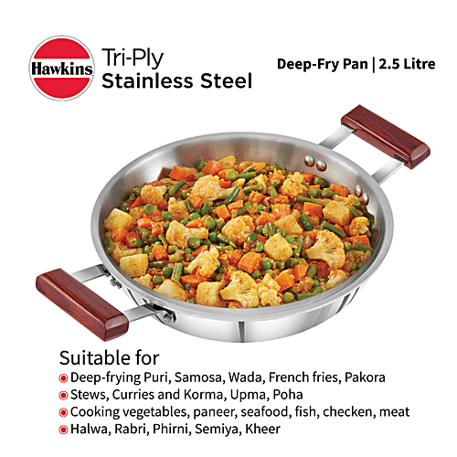 Hawkins Tri-Ply Stainless Steel Deep Fry Pan/Kadai - 3 Layer, Induction Base, 26 cm, 3 mm, SSD25, 2.5 l