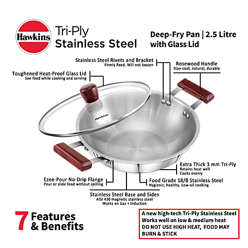 Hawkins Tri-Ply Stainless Steel Deep Fry Pan/Kadai With Glass Lid - 3 Layer, Induction Base, 26 cm, 3 mm, SSD25G, 2.5 l  