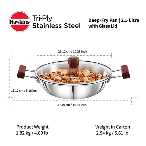 Hawkins Tri-Ply Stainless Steel Deep Fry Pan/Kadai With Glass Lid - 3 Layer, Induction Base, 26 cm, 3 mm, SSD25G, 2.5 l  