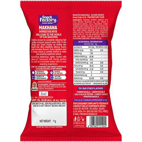 Snack Factory Achari Mango Roasted Makhana, 11 g  