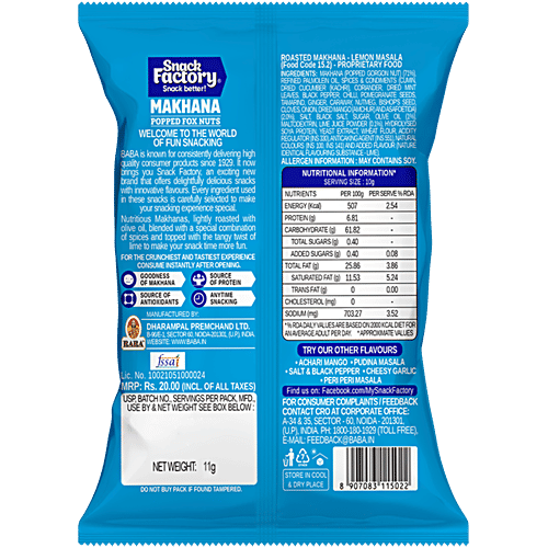 Snack Factory Lemon Masala Roasted Makhana, 11 g  