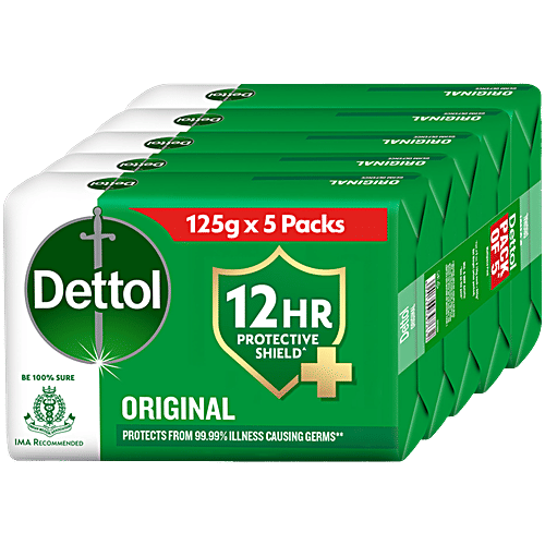 Dettol Original Bathing Soap Bar With 12hr Germ Protection, 125 g (Pack of 5) Protects from Germs