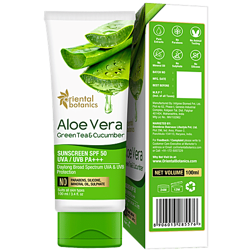 Oriental Botanics Aloe Vera, Green Tea & Cucumber Sunscreen SPF 50, 100 ml