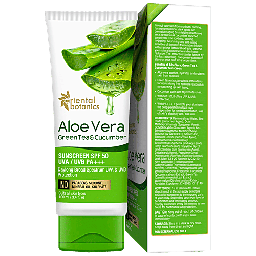 Oriental Botanics Aloe Vera, Green Tea & Cucumber Sunscreen SPF 50, 100 ml