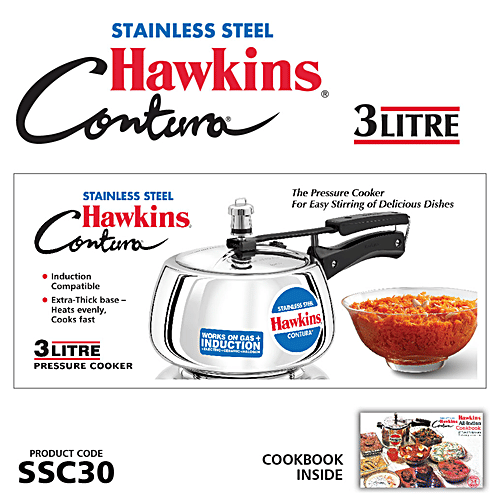 Hawkins Contura Stainless Steel Inner Lid Pressure Cooker - Induction Base, Silver, SSC30, 3 L  Food Grade, Saves More Fuel