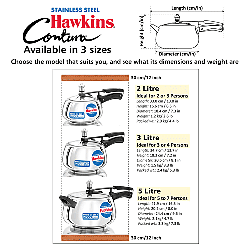 Hawkins Contura Stainless Steel Inner Lid Pressure Cooker - Induction Base, Silver, SSC30, 3 L  Food Grade, Saves More Fuel