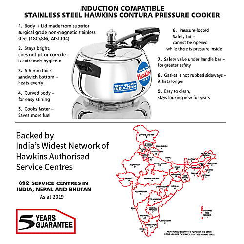 Hawkins Contura Stainless Steel Inner Lid Pressure Cooker - Induction Base,Silver,SSC50, 5 L Food Grade, Saves More Fuel