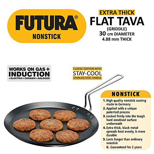 Hawkins Futura Hard Anodised Aluminium Non-Stick Flat Tawa - Induction Base, 30 cm, 4.88 mm, Stainless Steel Handle, INFT30, 1 pc PFOA Free